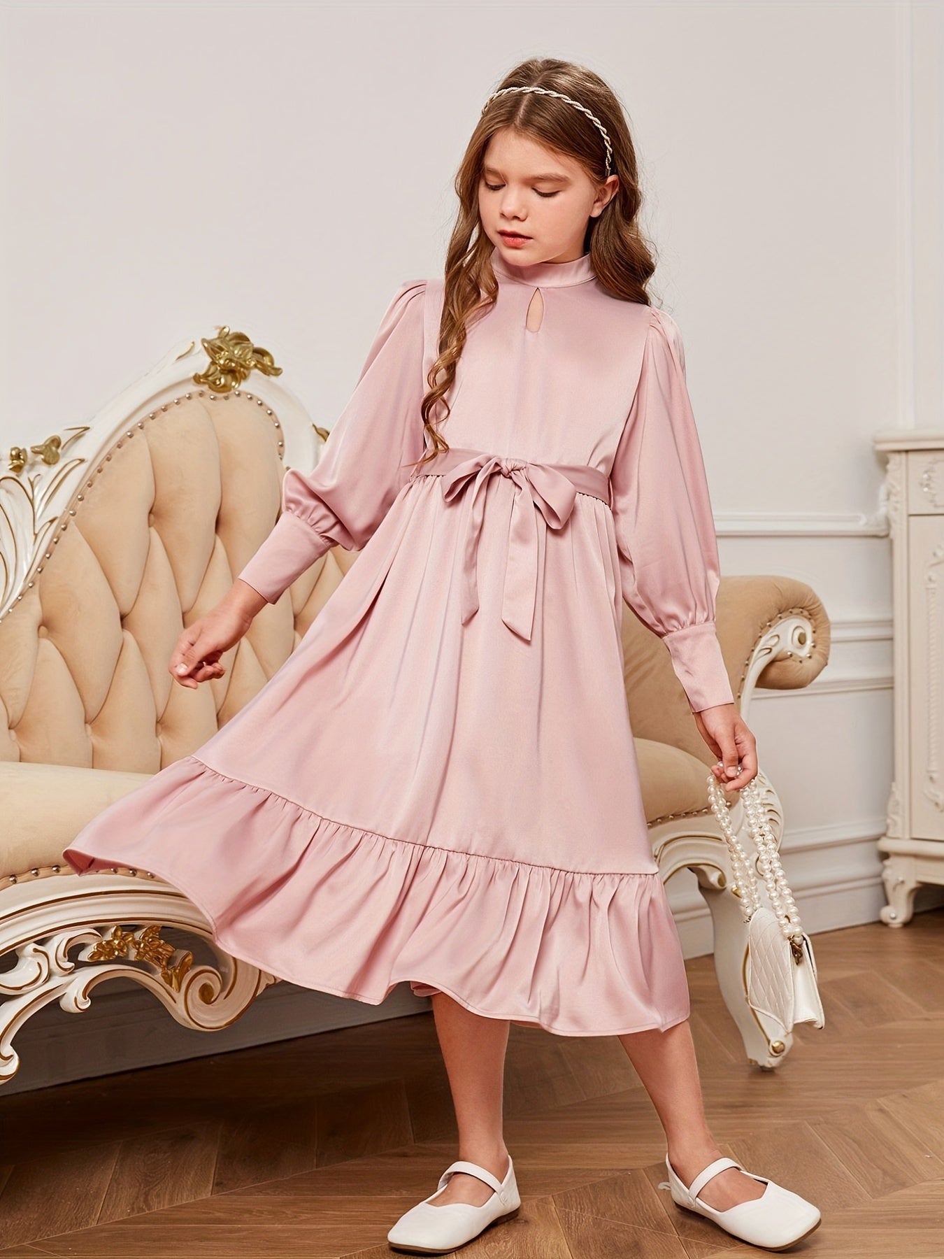Stylish Family Matching Dress Casual Solid Long Sleeve Family Dress