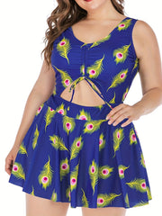 Feather Print Knot Cut Out Round Neck One Piece Swimsuit