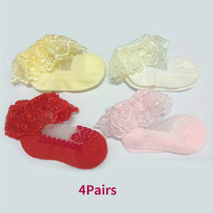 4Pairs Baby Girls Lace Ruffle Ankle Socks for Summer