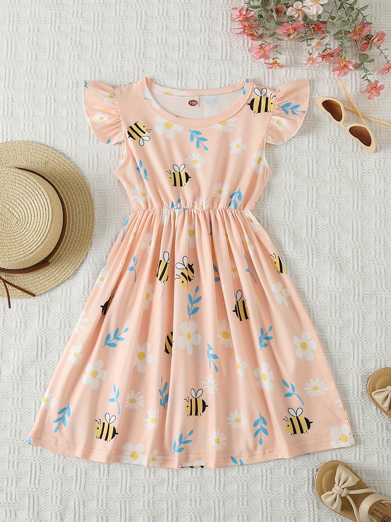 3pcs Girls' Summer Dresses Bee Flower Pattern Princess Dress