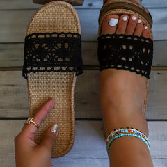 Women's Knit Flat Slides Slip On Open Toe Non slip Home Soft Linen Sole Slides