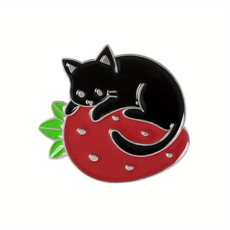 Cat & Strawberry Brooch Set Cute Animal Fruit Pins for Clothing Bags