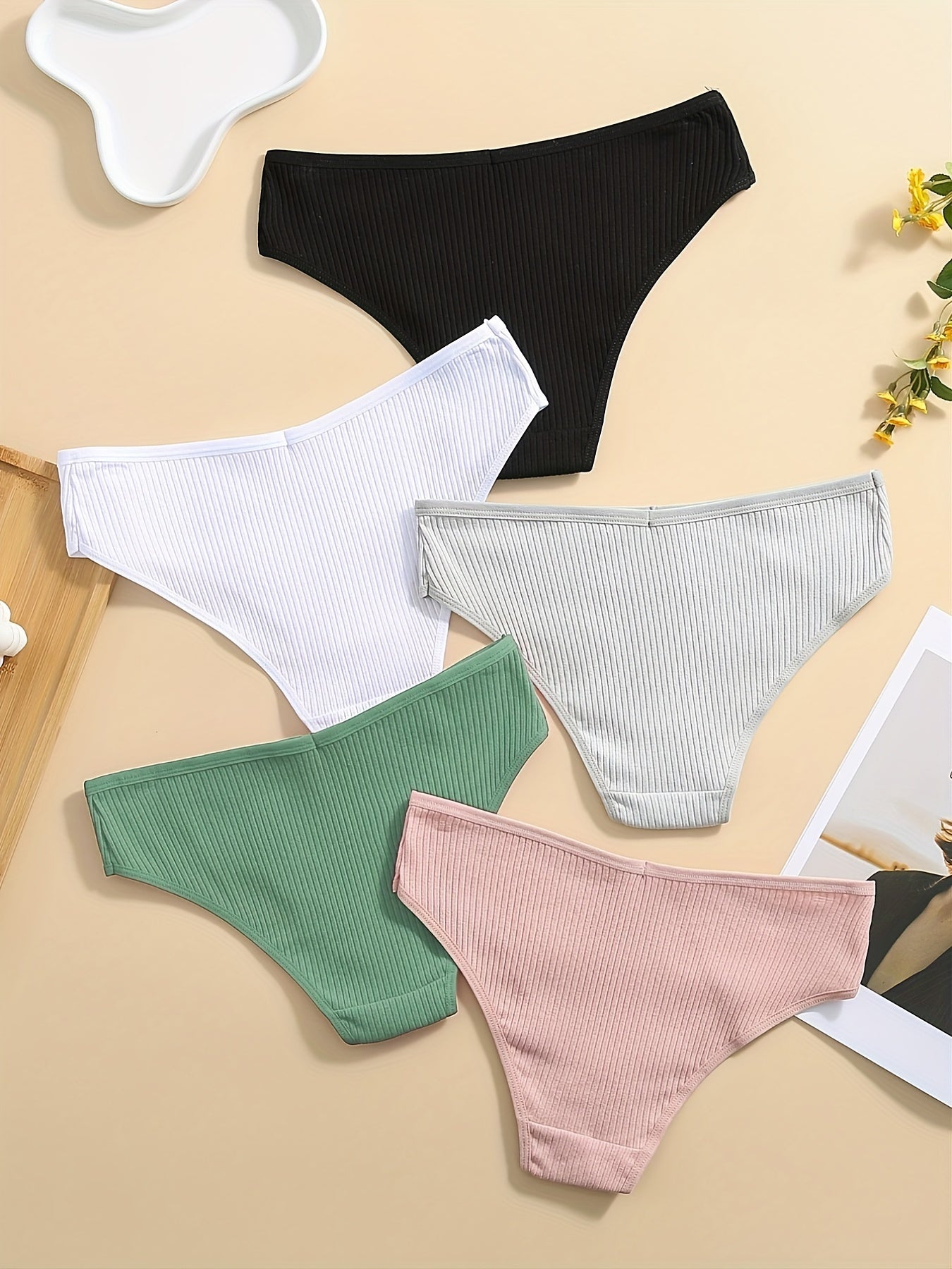 5 Pcs Ribbed Sports Panties Comfy & Breathable Hipster Panties