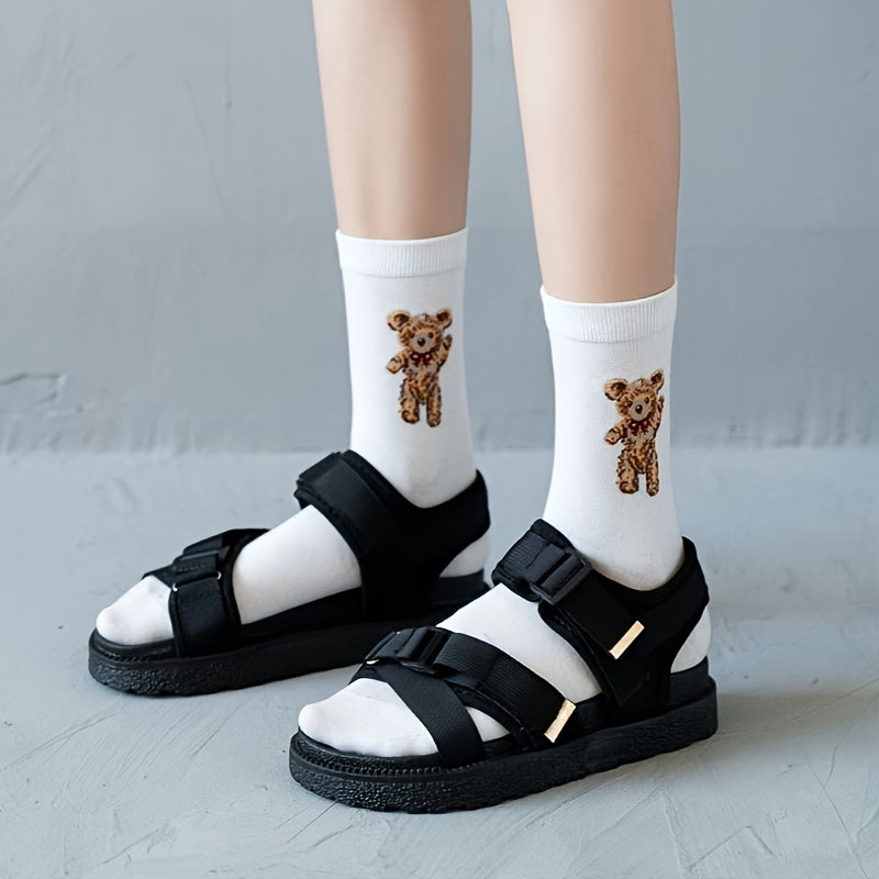 5 Pairs Cartoon Bear Print Socks Women's Stockings & Hosiery