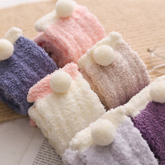 Cozy PomPom Crew Socks Coral Fleece Women's Stockings