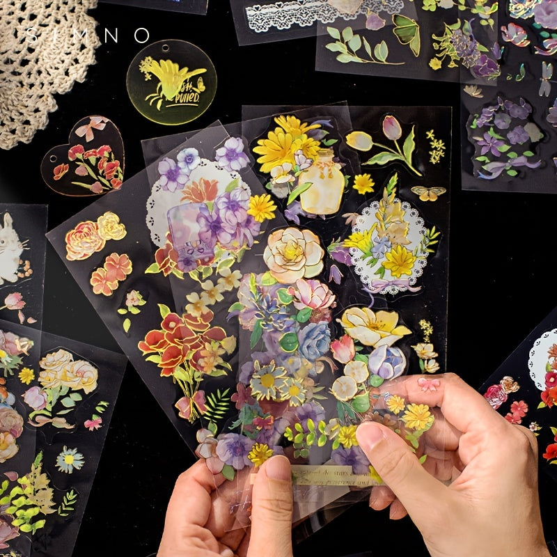 6pcs Sparkling Flowers Stickers Foil Stamped Water Resistant DIY Decoration