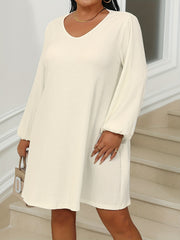 Solid Ribbed Lantern Sleeve V Neck Dress