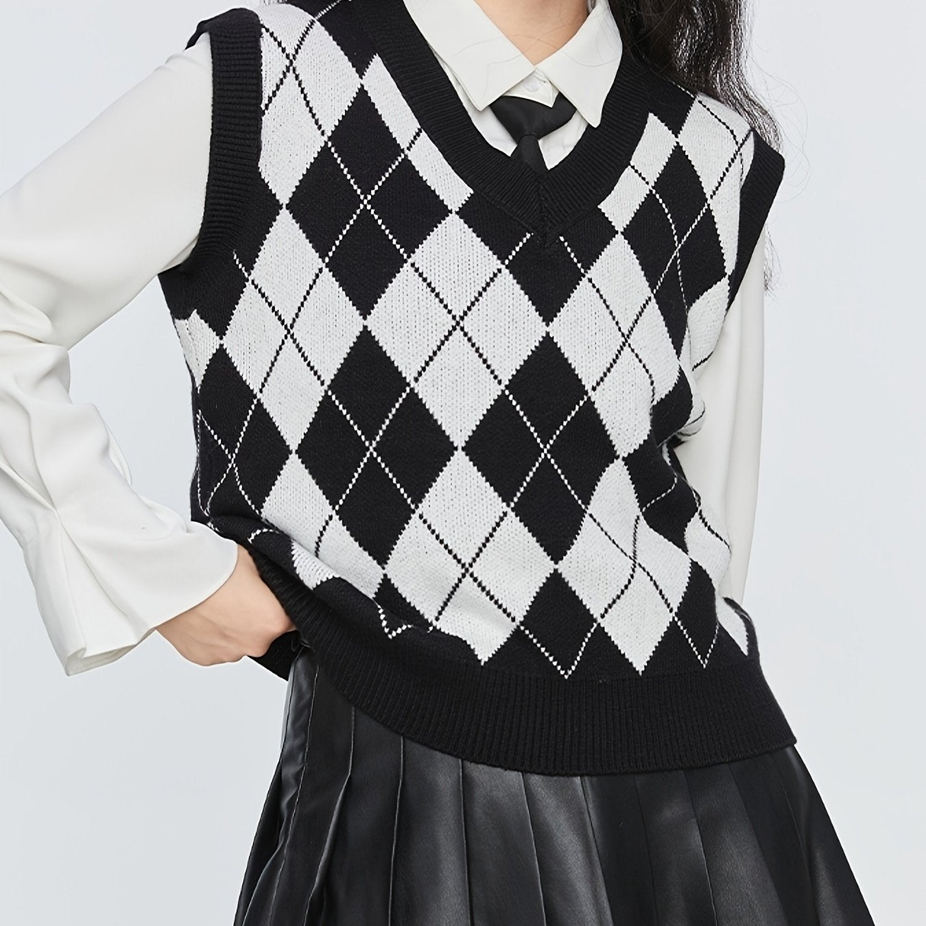 Argyle Plaid Sweater Vest V neck Sweater Vest For Fall & Winter