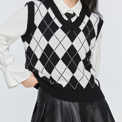 Argyle Plaid Sweater Vest V neck Sweater Vest For Fall & Winter