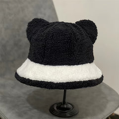 Women's Winter Furry Bucket Hat with Panda Bear Stitching