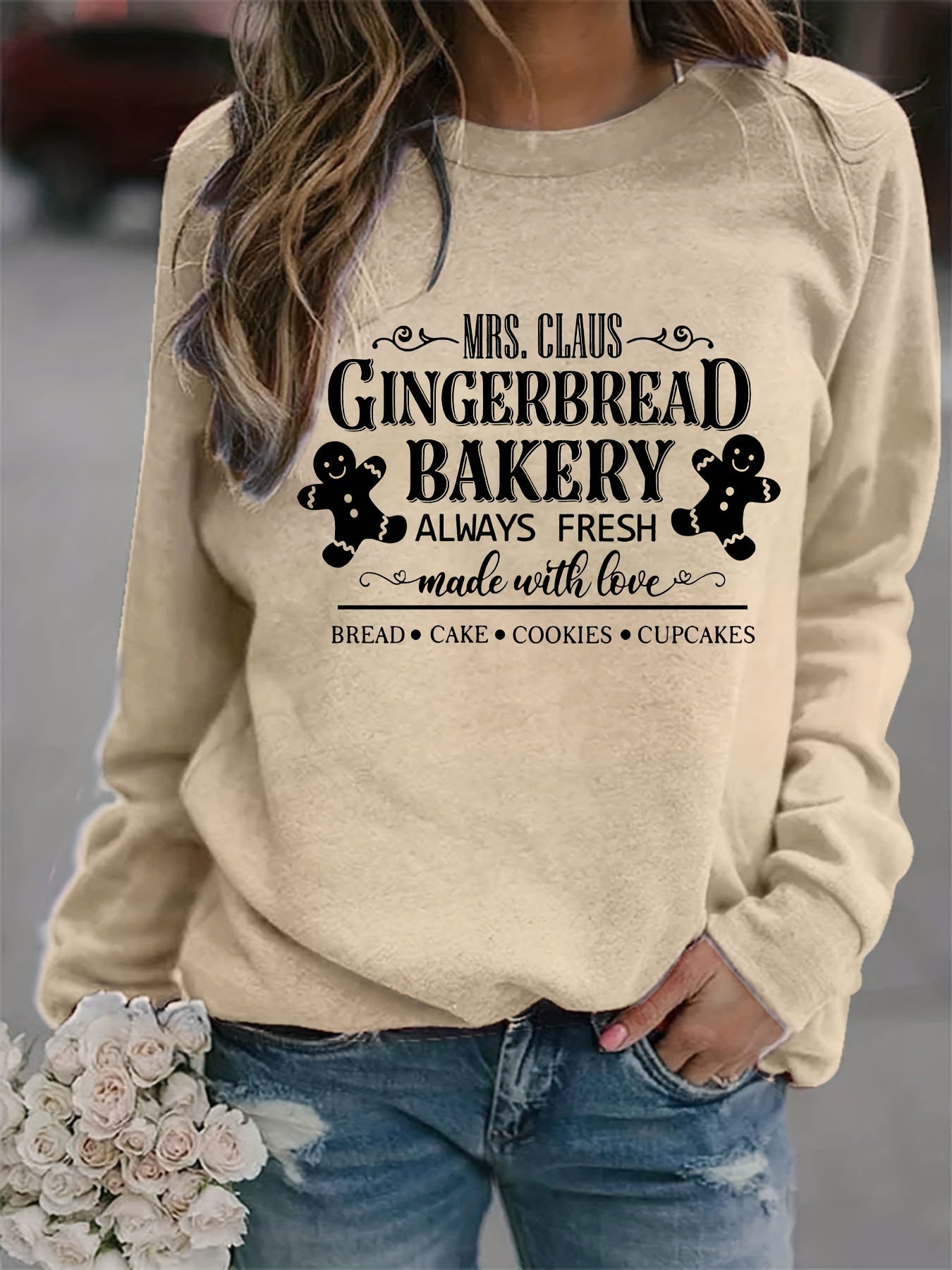 Gingerbread Bakery Sweatshirt Long Sleeve Crew Neck Women's Clothing