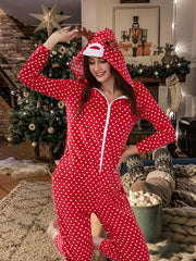 Christmas Elk Hooded Jumpsuit Polka Dot Loungewear