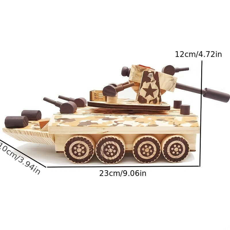 Wooden Mold Musical Toy Camouflage Armored Car Wood Simulation Military Toy