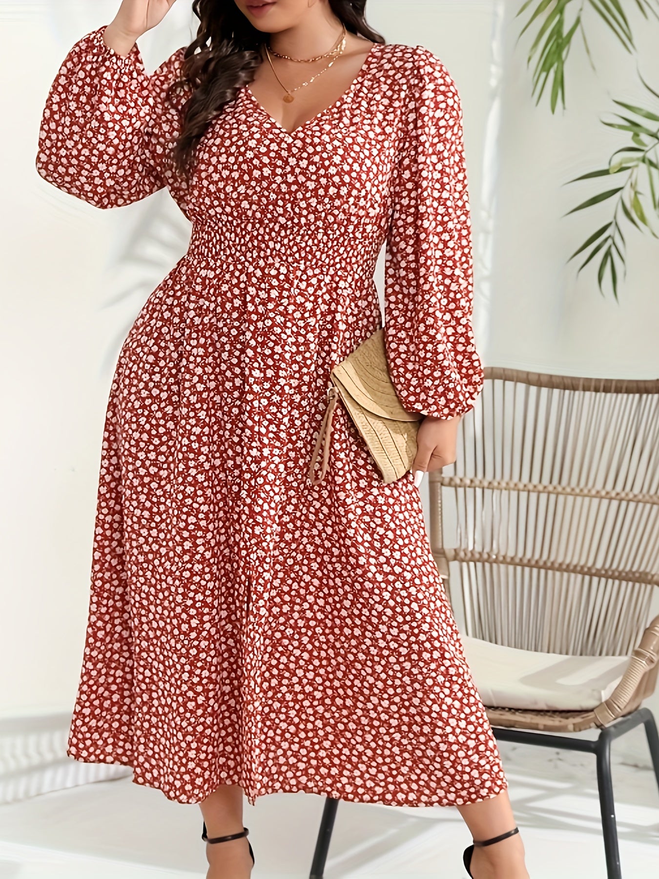 Ditsy Floral Print Long Sleeve V Neck Dress