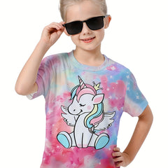 3D Tie Dye Unicorn Graphic Crew Neck T-shirt Girls Casual Tops