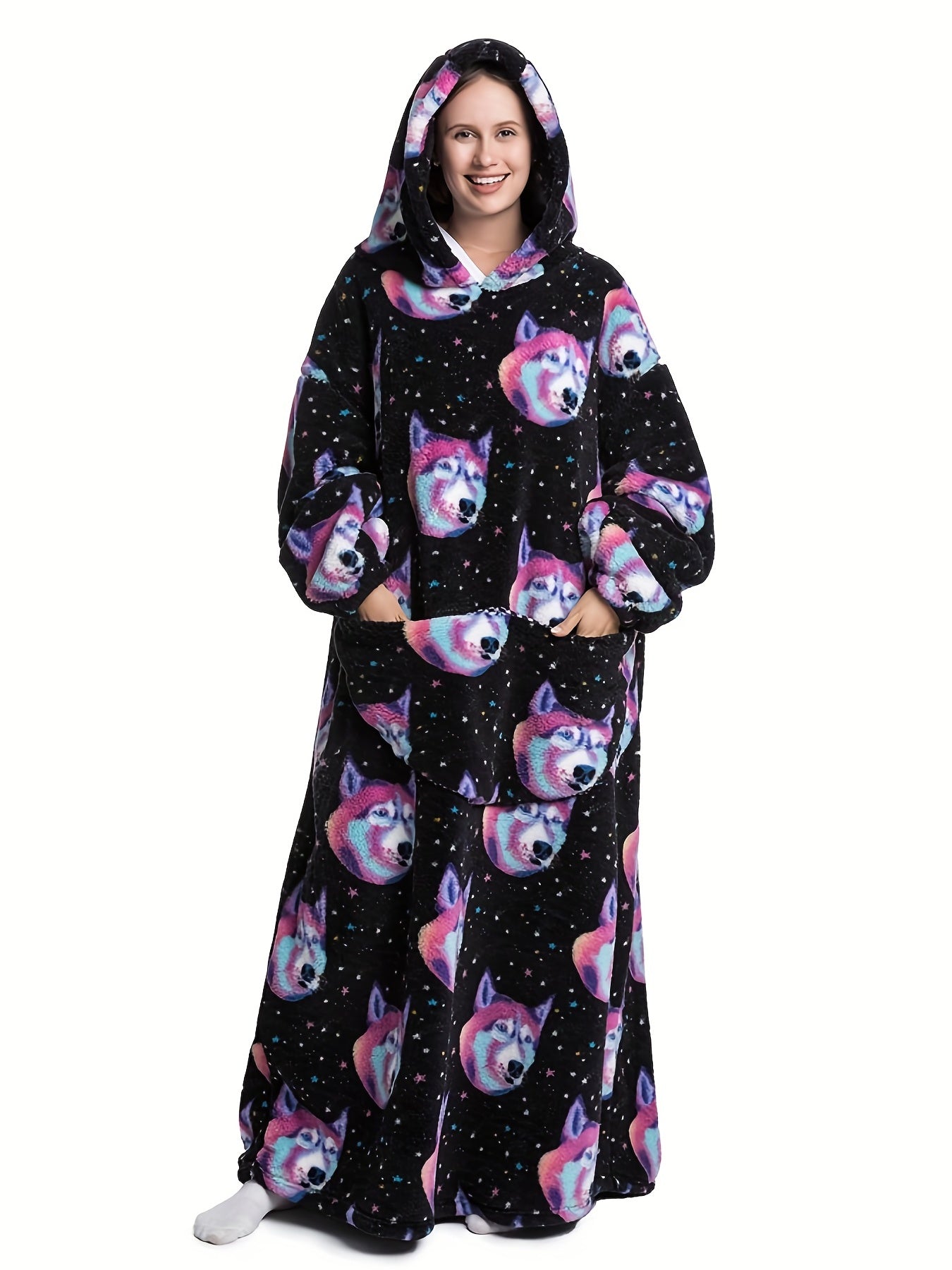 Cartoon Animal Print Hooded Robe Warm & Comfy Long Sleeve Lounge Robe