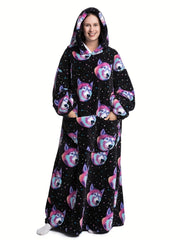 Cartoon Animal Print Hooded Robe Warm & Comfy Long Sleeve Lounge Robe