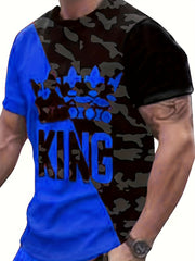 Men's Camo ''KING'' Crown Print T-shirt & Shorts Set for Summer