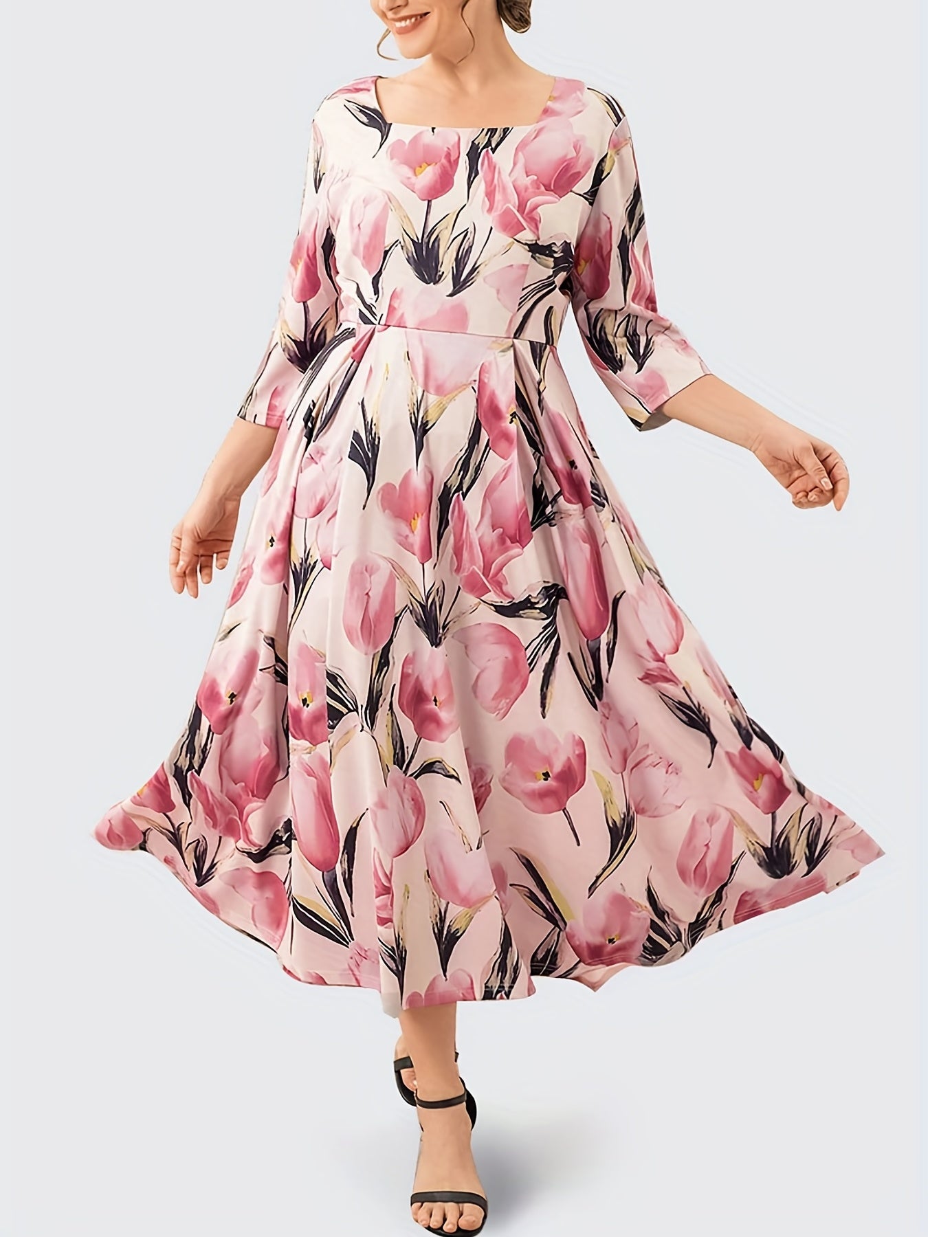 Floral Print Half Sleeve Square Neck Maxi Dress