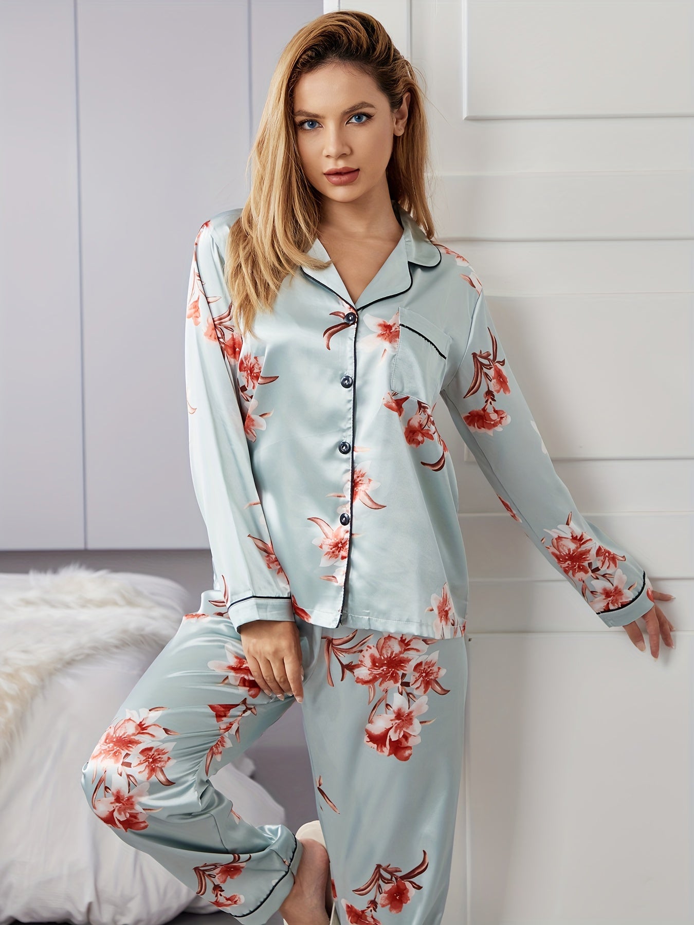 Floral Satin Pajama Set with Pocket Top & Elastic Pants