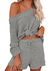 Slanted Shoulder Loose Tops & Drawstring Wide Leg Shorts Set