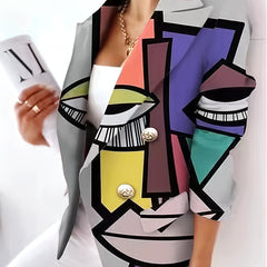 Cartoon Print Double Breasted Blazer Casual Lapel Long Sleeve Blazer