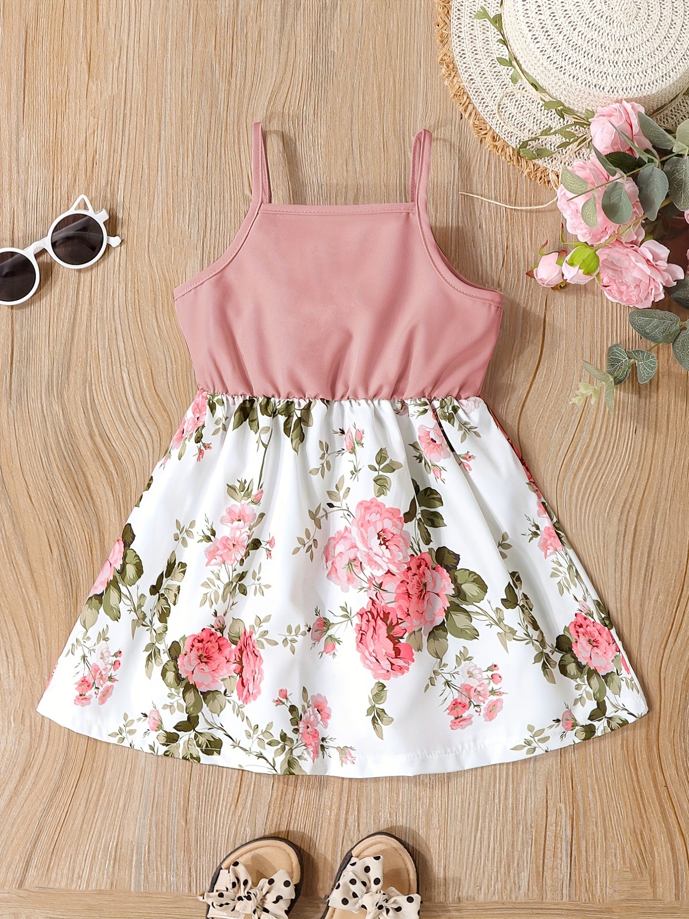 Toddler Girls Flowers Graphic Ruffle Trim Cami Princess Dress