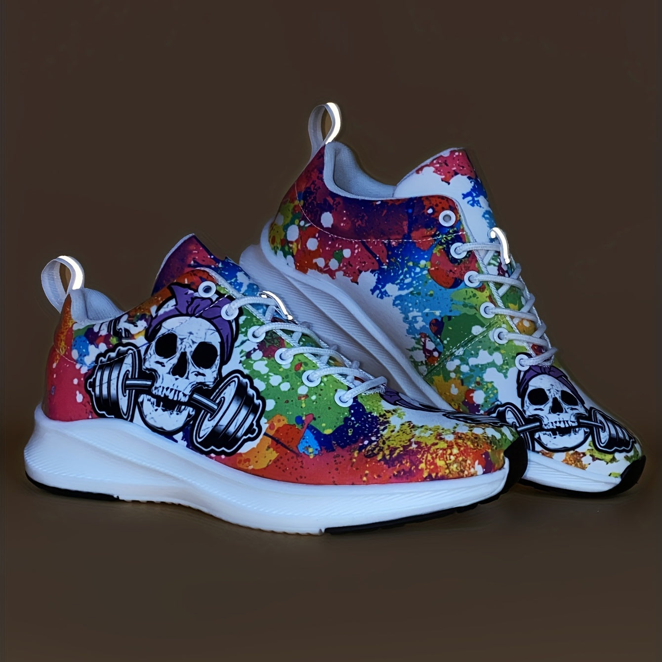 Women's Skull & Barbell Printed Sneakers Low Top Halloween Shoes
