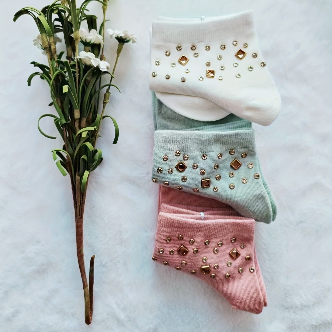 Sparkling Rhinestone Decor Crew Socks for Women