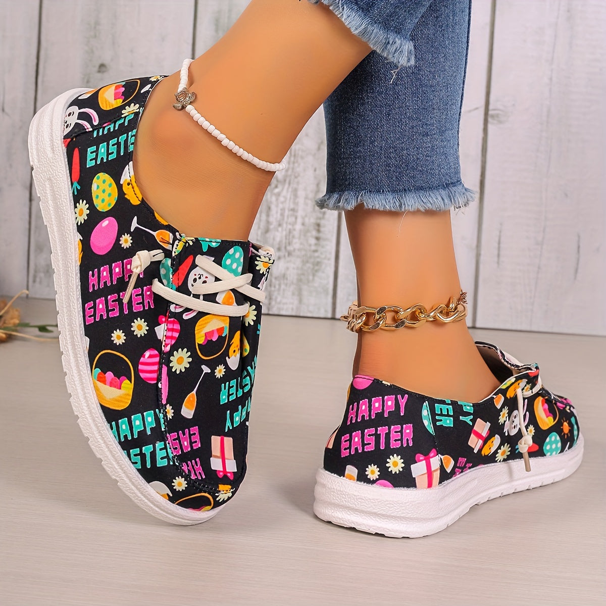 Women's Easter Eggs & Cartoon Rabbit Print Boat Shoes Low Casual Flats Low