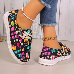 Women's Easter Eggs & Cartoon Rabbit Print Boat Shoes Low Casual Flats Low