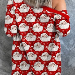 Christmas Cardigan Women's Open Front Santa Print Long Sleeve