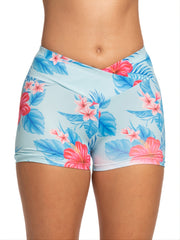 Tropical Floral Print Cross Yoga Shorts Casual Sports Workout Shorts
