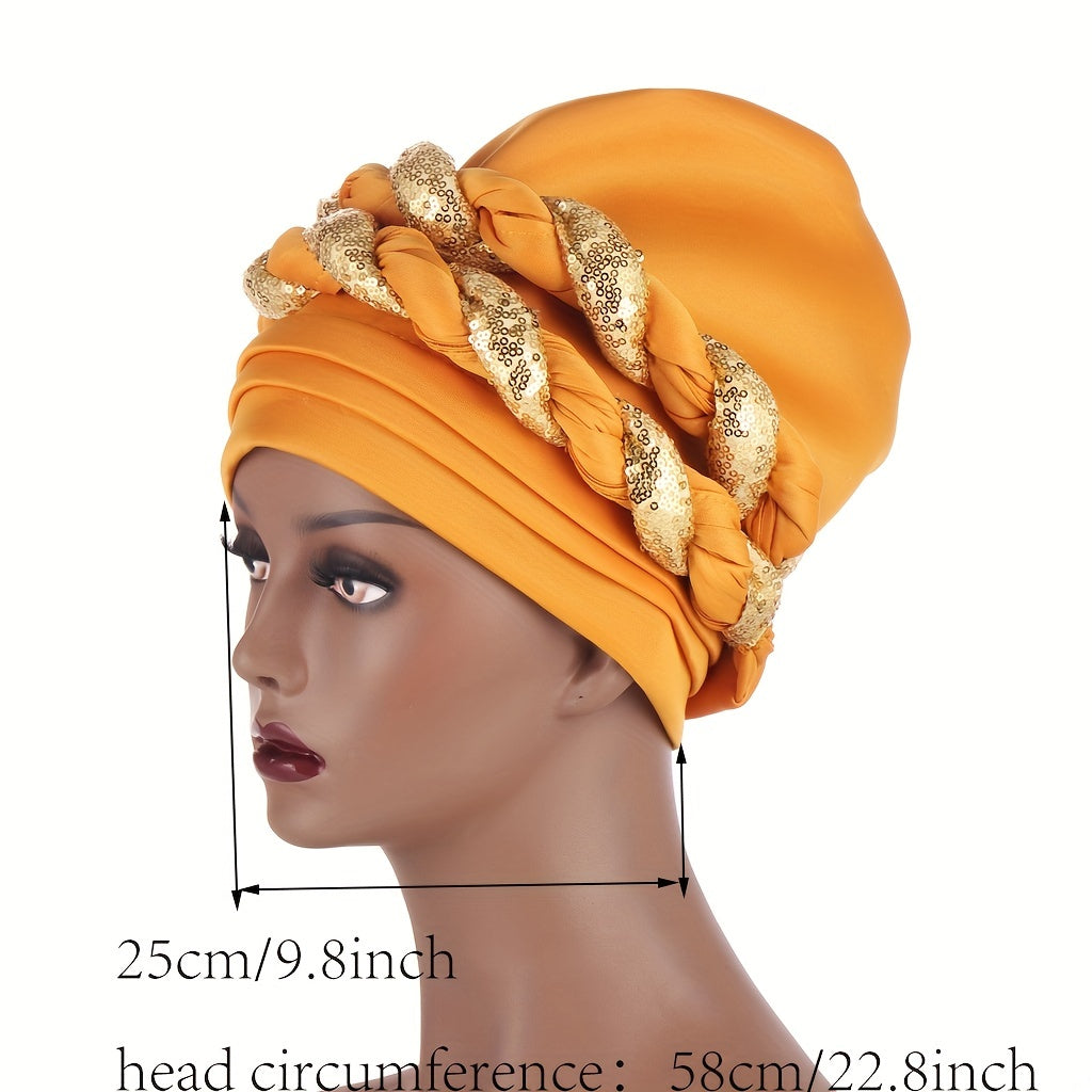 Sequins Braided Twist Turban Block Beanie Head Scarf Ramadan Head Wrap