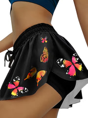 Women's Butterfly Print Sports Shorts Elastic Drawstring