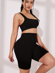 2pcs Ribbed Sports Bra & High Waist Workout Shorts Set