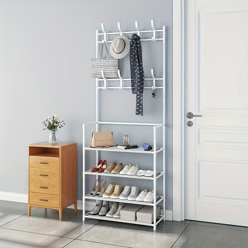 Metal Entrance Coat Rack Shoe Rack w/ 4 Storage Shelves & 8 Double Hooks