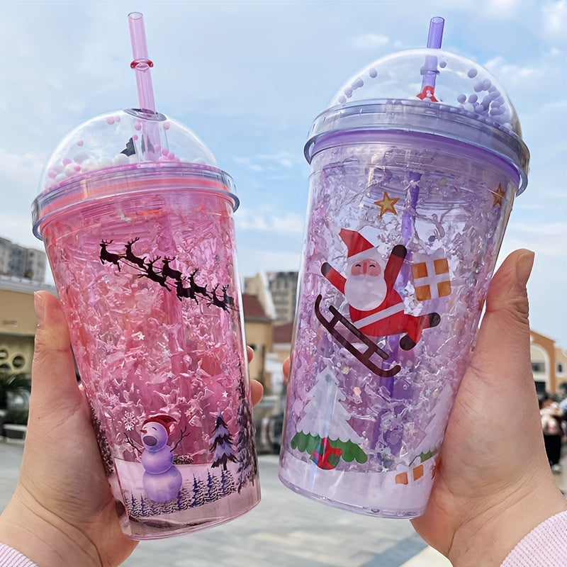 450ml Christmas Pattern Double Layered Straw Water Cup