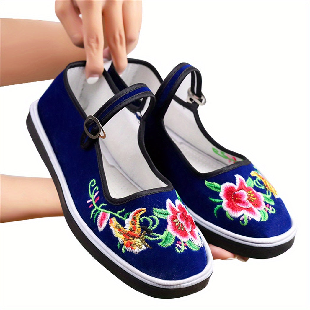 Flower Embroidered Buckle Strap Lightweight Shoes for Women