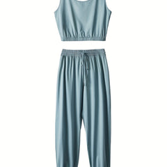 Solid Crop Tank Top & Tie Front Joggers Set