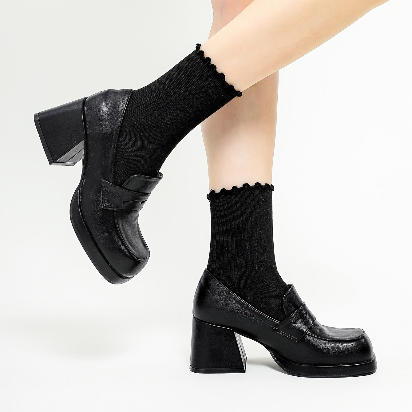 Chunky Heel Platform Loafers Square Toe High Heeled Shoes