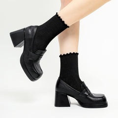 Chunky Heel Platform Loafers Square Toe High Heeled Shoes