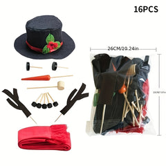 16pcs Snowman Dressing Up Kit Hat Scarf Hands Eyes Button Snowman Decoration Set