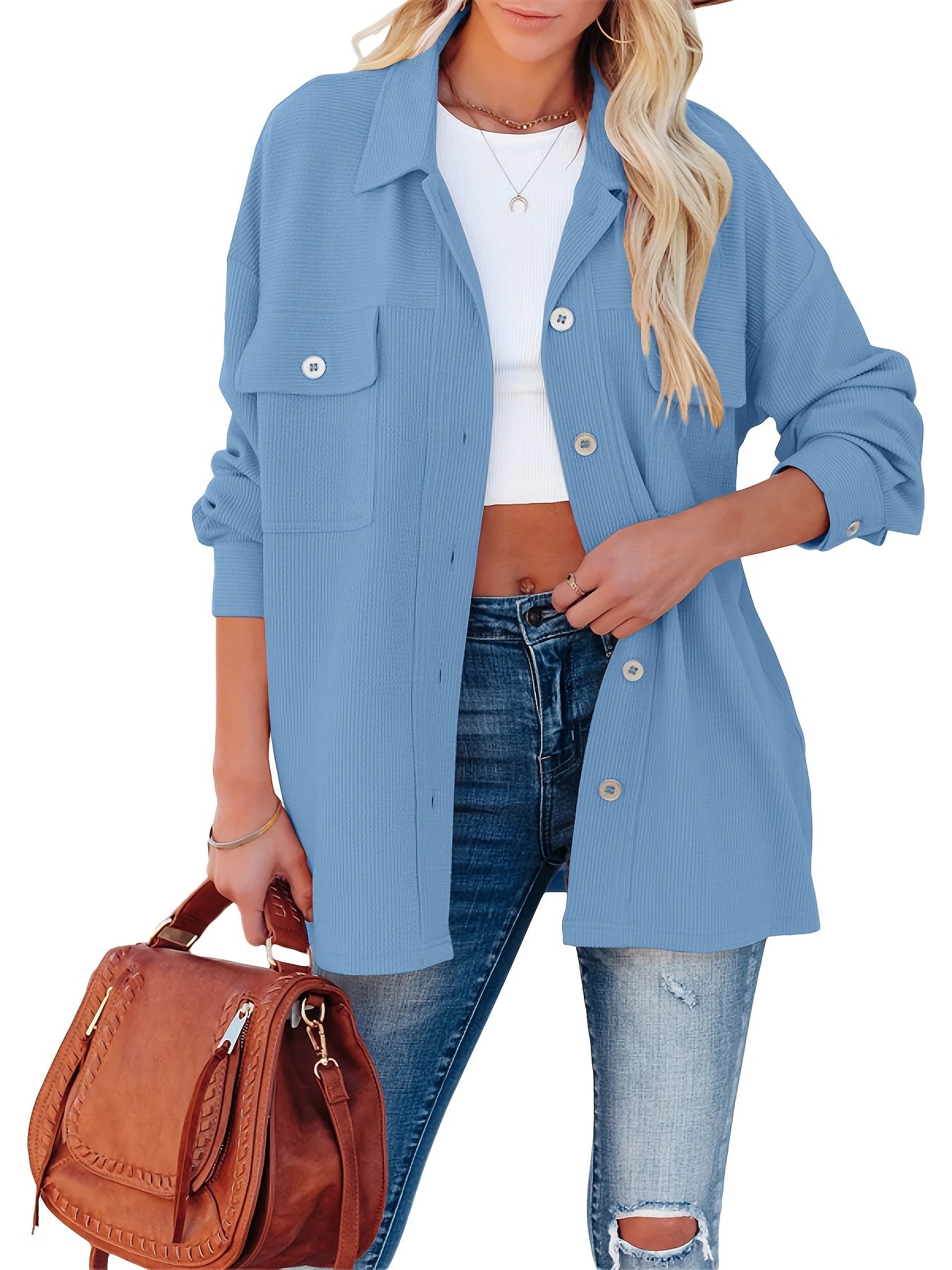 Corduroy Dual Pockets Jacket Lapel Open Front Jacket Women