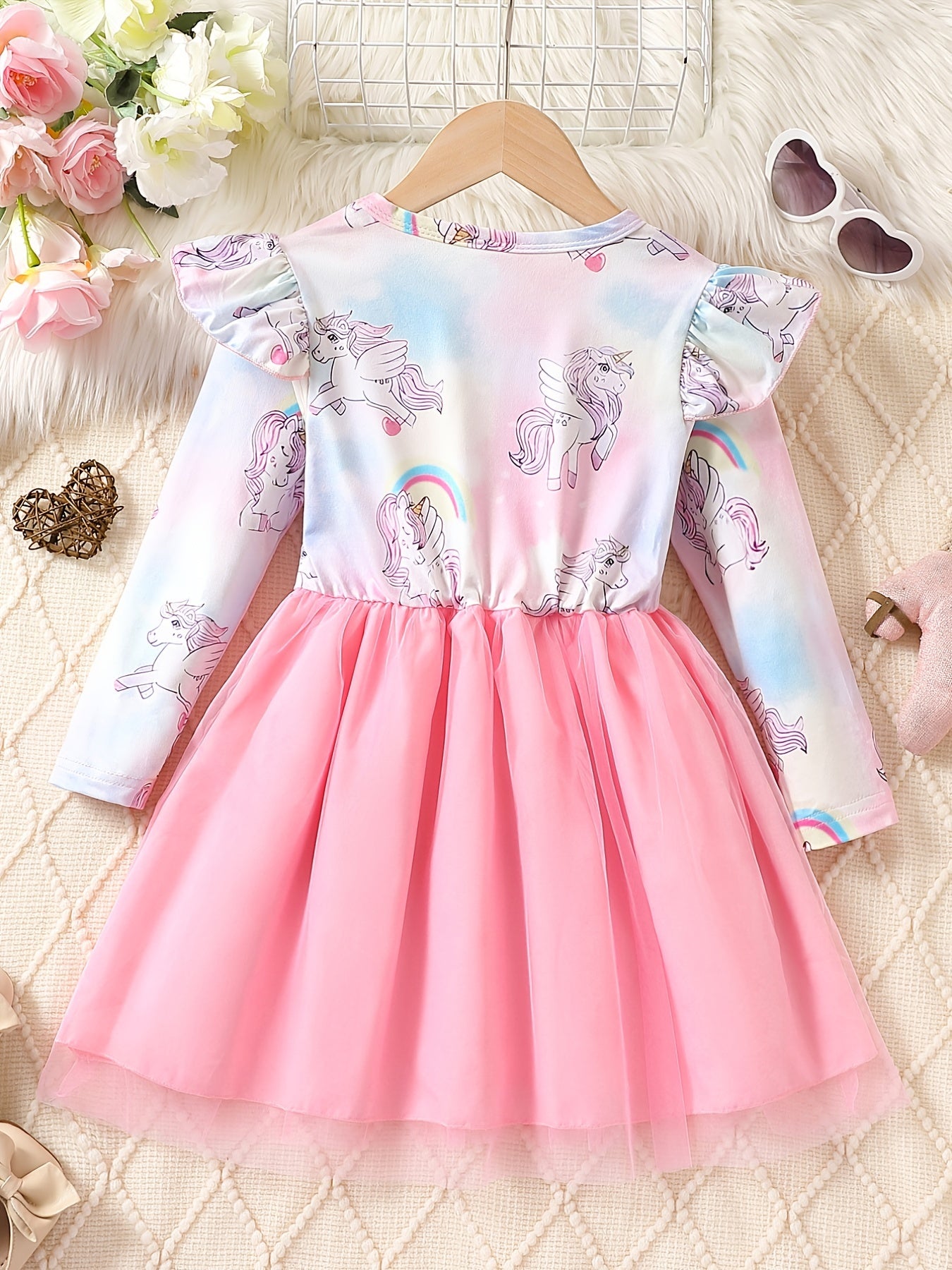 Girls' Long Sleeve Unicorn Tutu Dress Frill Trims for Party Birthday