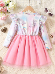 Girls' Long Sleeve Unicorn Tutu Dress Frill Trims for Party Birthday