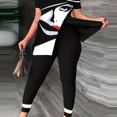 Portrait Print Cold Shoulder Top & Skinny Pants Set