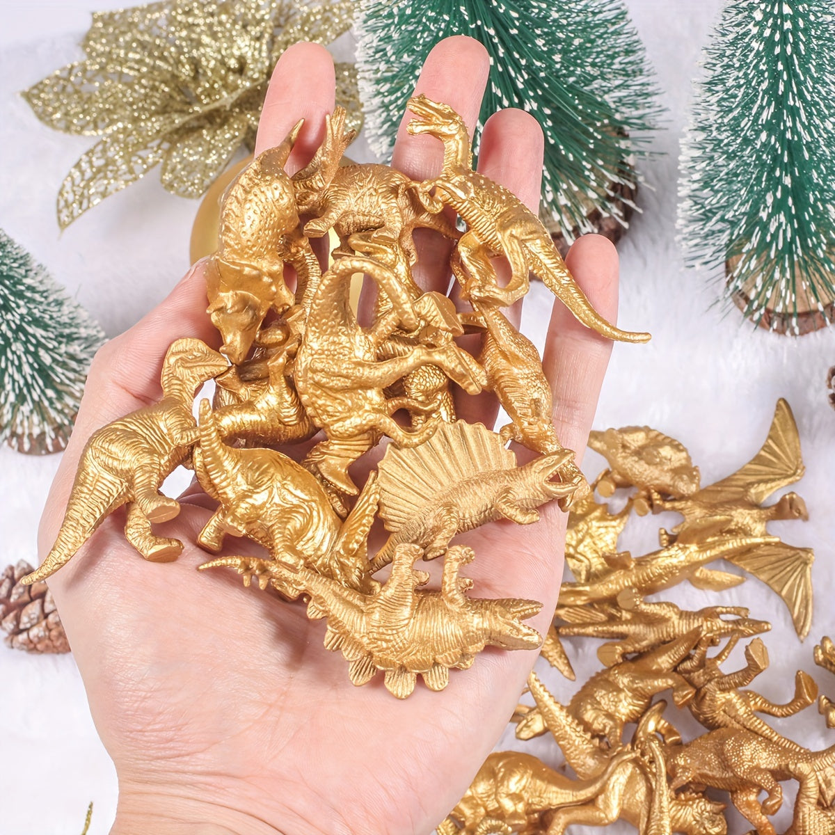 48pcs Mini Metallic Golden Dinosaur Figurine Toys Cake Topper