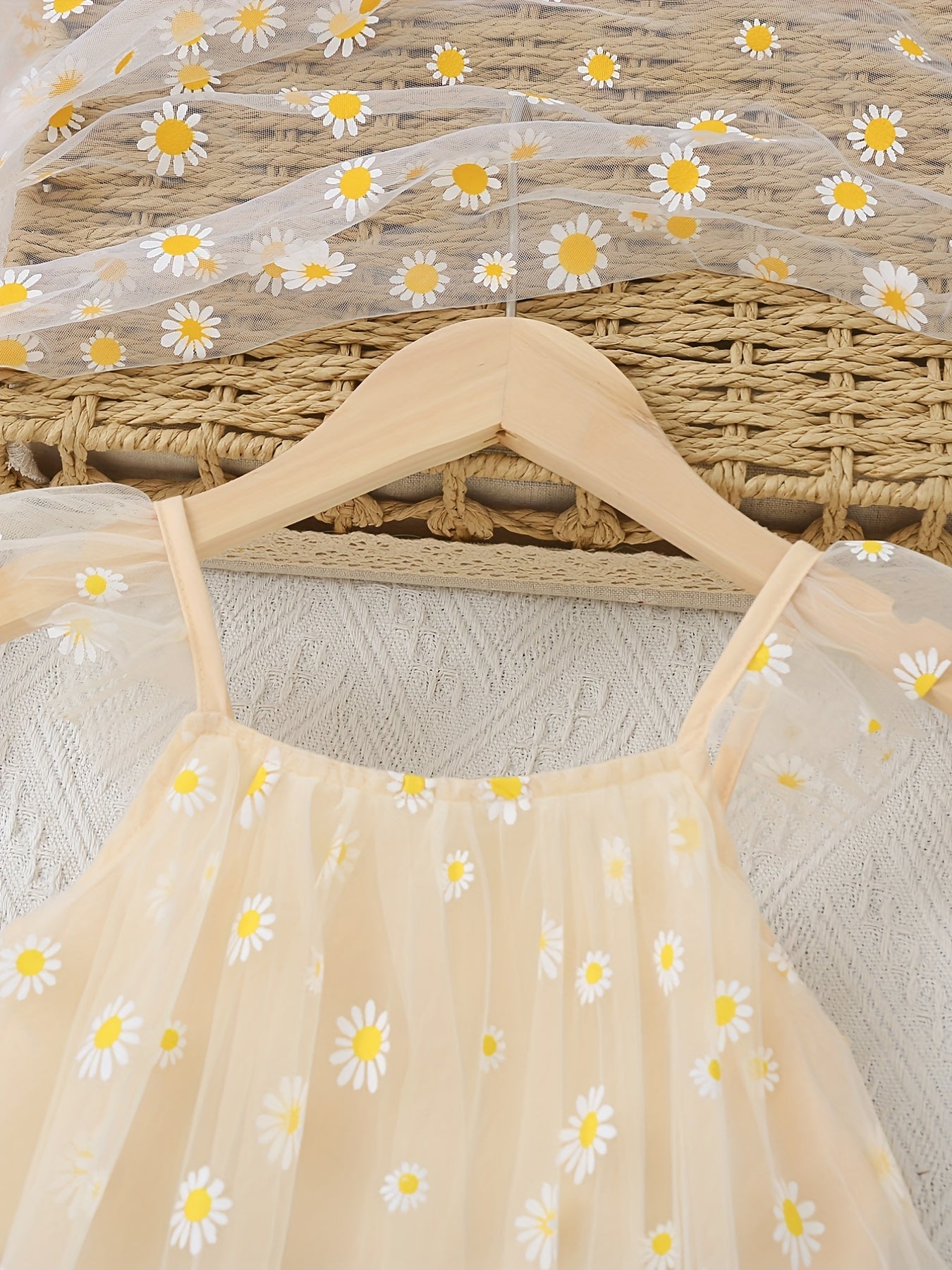Girls' Daisy Flowers Print Tulle Cami Dress Summer Outfit