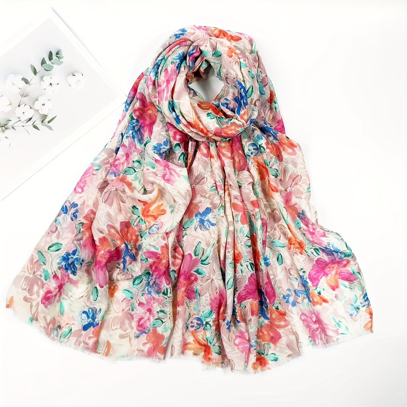 Pink Flower Printed Scarf Boho Frayed Edge Warm Shawl Women Casual